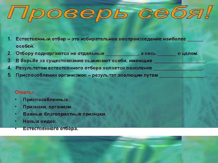 1. Естественный отбор – это избирательное воспроизведение наиболее ______ особей. 2. Отбору подвергаются не