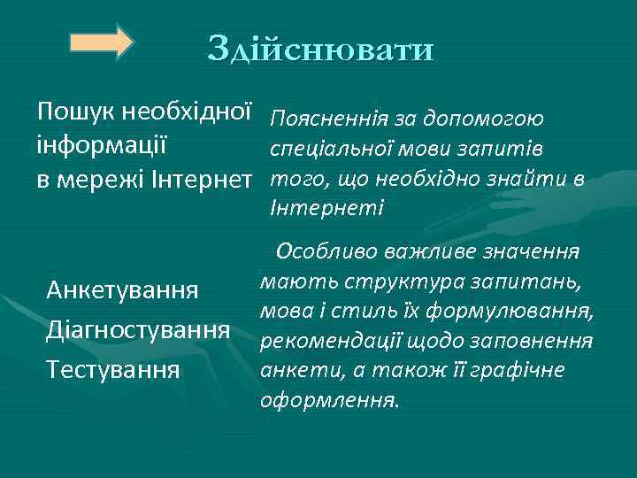 Здійснювати Пошук необхідної Поясненнія за допомогою інформації спеціальної мови запитів в мережі Інтернет того,