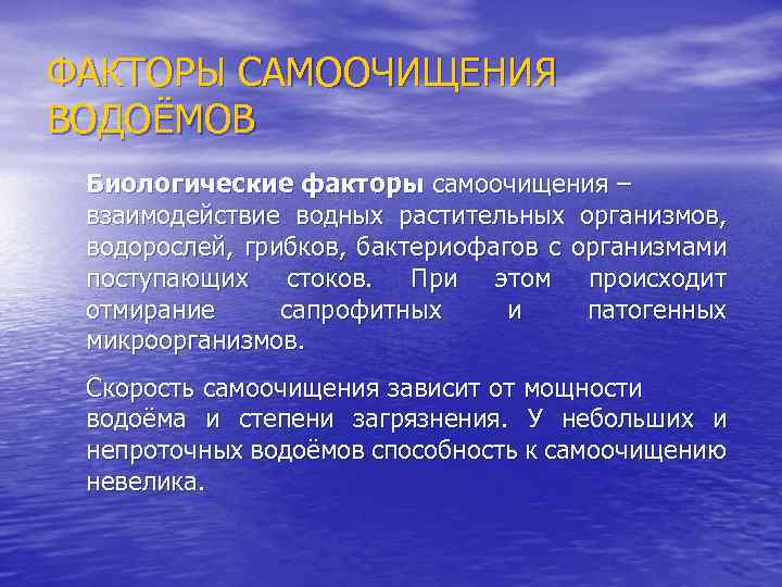 ФАКТОРЫ САМООЧИЩЕНИЯ ВОДОЁМОВ Биологические факторы самоочищения – взаимодействие водных растительных организмов, водорослей, грибков, бактериофагов