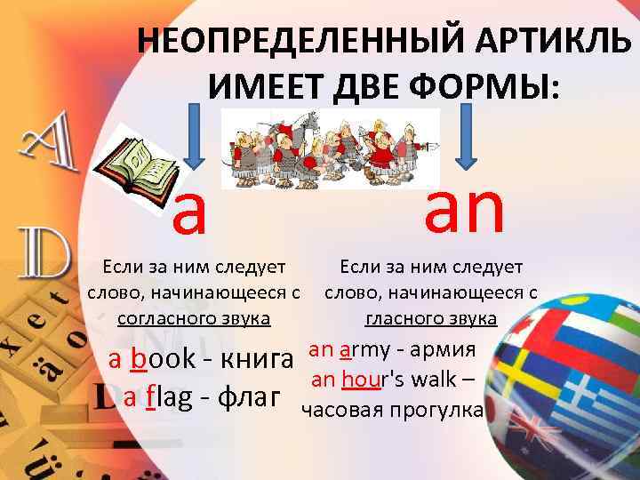 НЕОПРЕДЕЛЕННЫЙ АРТИКЛЬ ИМЕЕТ ДВЕ ФОРМЫ: a an Если за ним следует слово, начинающееся с