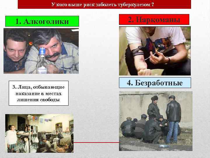 У кого выше риск заболеть туберкулезом ? 1. Алкоголики 3. Лица, отбывающие наказание в