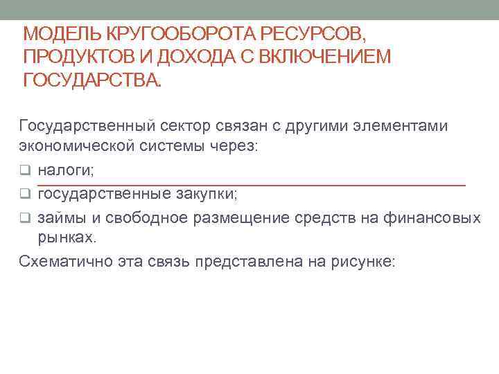 МОДЕЛЬ КРУГООБОРОТА РЕСУРСОВ, ПРОДУКТОВ И ДОХОДА С ВКЛЮЧЕНИЕМ ГОСУДАРСТВА. Государственный сектор связан с другими