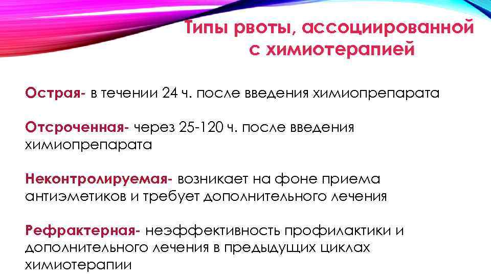 Типы рвоты, ассоциированной с химиотерапией Острая- в течении 24 ч. после введения химиопрепарата Отсроченная-