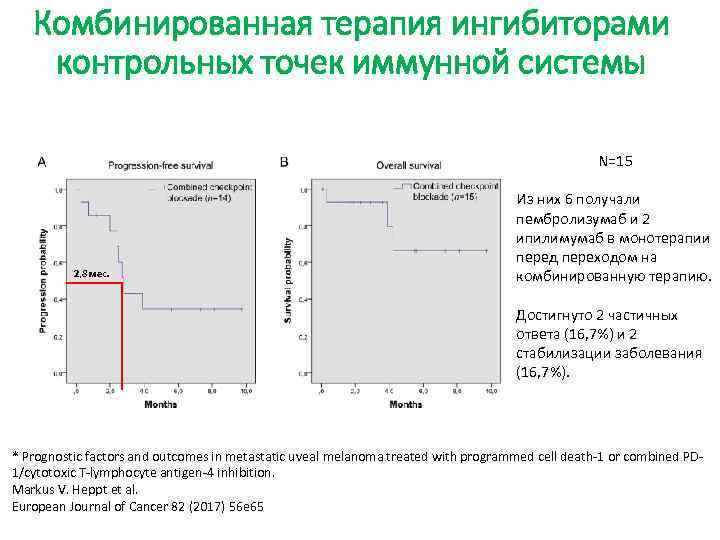 Комбинированная терапия ингибиторами контрольных точек иммунной системы N=15 2, 8 мес. Из них 6