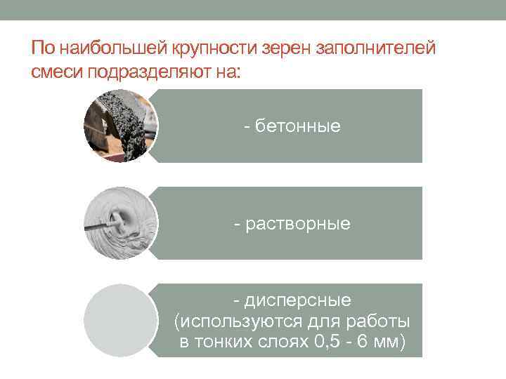 По наибольшей крупности зерен заполнителей смеси подразделяют на: - бетонные - растворные - дисперсные