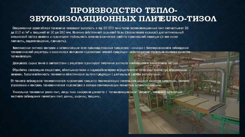 ПРОИЗВОДСТВО ТЕПЛОЗВУКОИЗОЛЯЦИОННЫХ ПЛИТ EURO-ТИЗОЛ Современная европейская технология позволяет выпускать в год 60 000 тонн