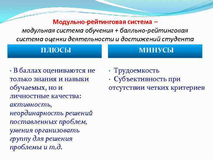 Модульно-рейтинговая система – модульная система обучения + балльно-рейтинговая система оценки деятельности и достижений студента