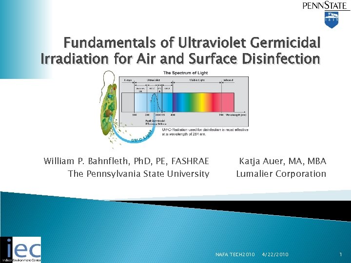 Fundamentals of Ultraviolet Germicidal Irradiation for Air and Surface Disinfection William P. Bahnfleth, Ph.