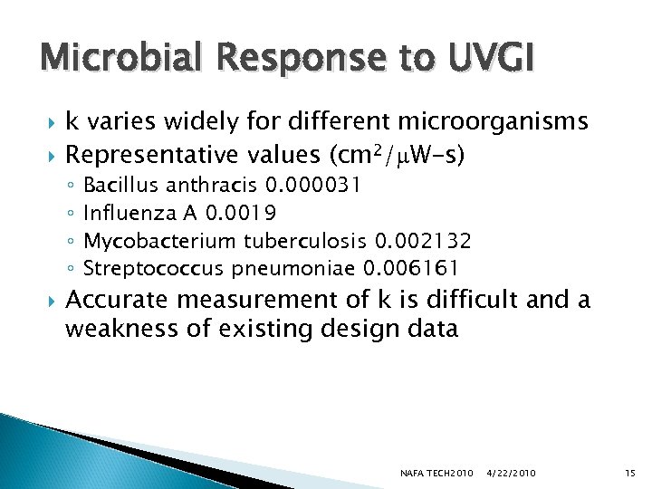 Microbial Response to UVGI k varies widely for different microorganisms Representative values (cm 2/