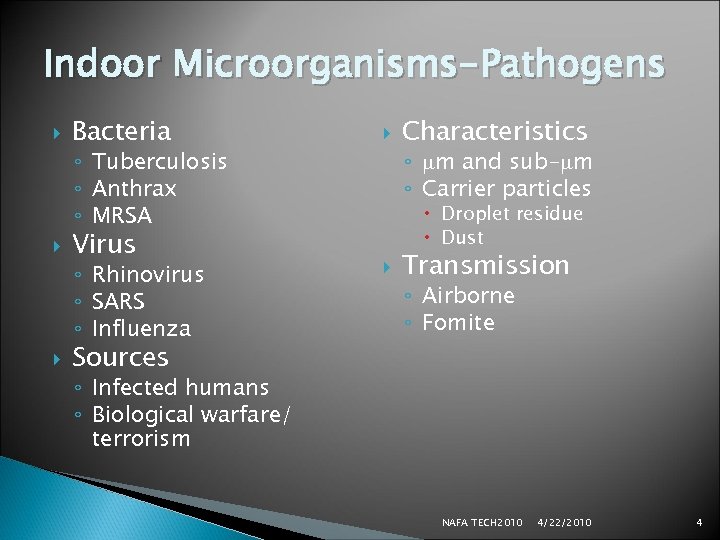Indoor Microorganisms-Pathogens Bacteria ◦ Tuberculosis ◦ Anthrax ◦ MRSA Virus ◦ Rhinovirus ◦ SARS