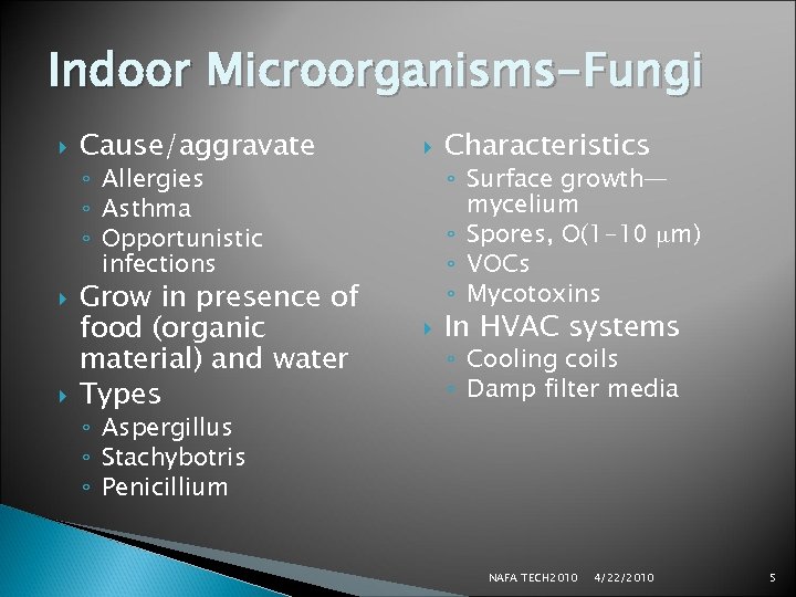Indoor Microorganisms-Fungi Cause/aggravate ◦ Allergies ◦ Asthma ◦ Opportunistic infections Grow in presence of
