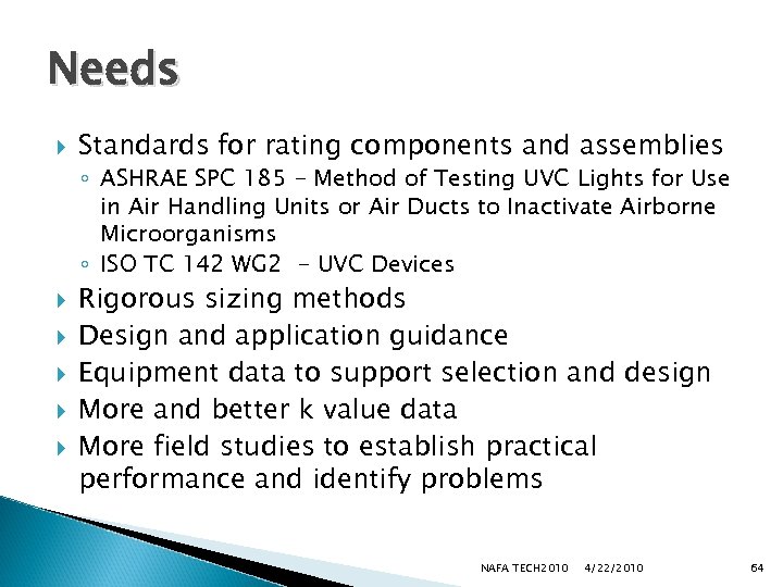 Needs Standards for rating components and assemblies ◦ ASHRAE SPC 185 - Method of