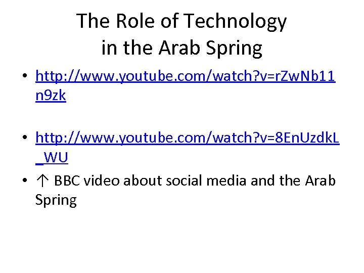 The Role of Technology in the Arab Spring • http: //www. youtube. com/watch? v=r.