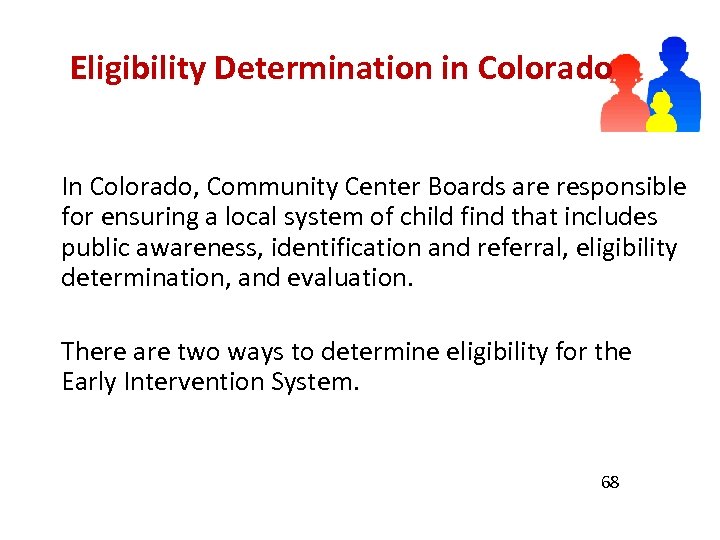 Eligibility Determination in Colorado In Colorado, Community Center Boards are responsible for ensuring a