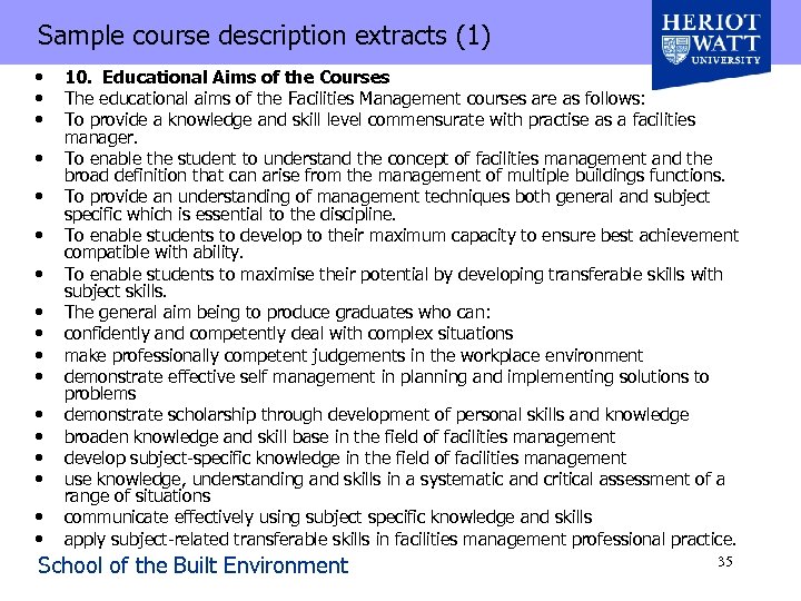 Sample course description extracts (1) • • • • • 10. Educational Aims of