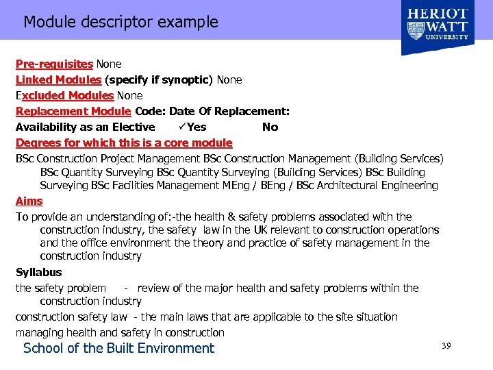 Module descriptor example Pre-requisites None Linked Modules (specify if synoptic) None Excluded Modules None