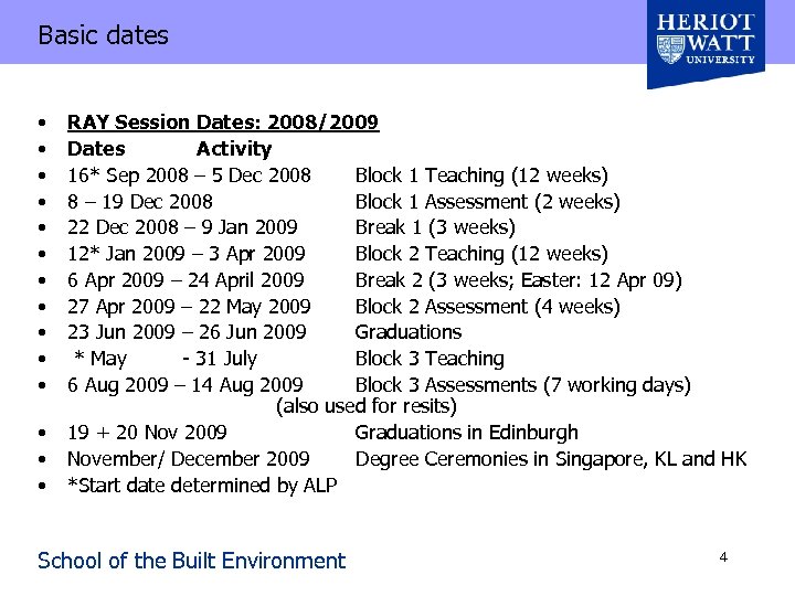 Basic dates • • • • RAY Session Dates: 2008/2009 Dates Activity 16* Sep