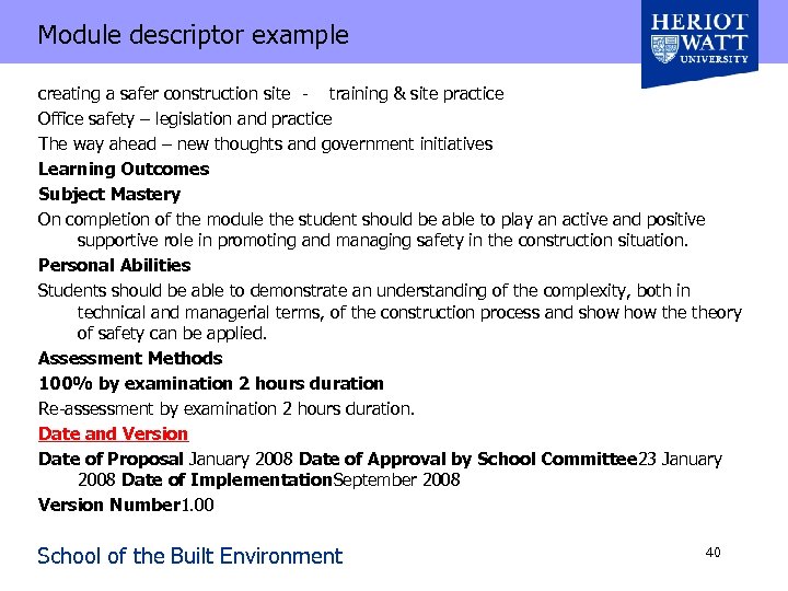 Module descriptor example creating a safer construction site - training & site practice Office