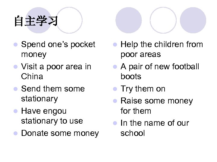 自主学习 l l l Spend one’s pocket money Visit a poor area in China