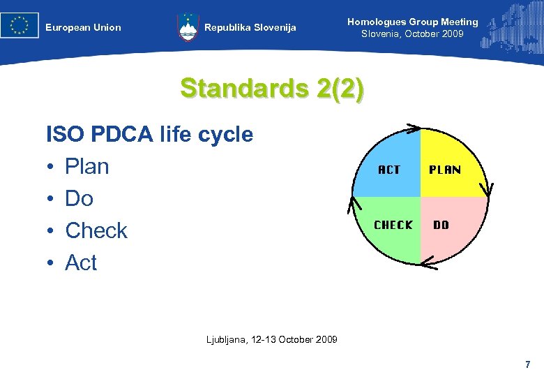 European Union Republika Slovenija Homologues Group Meeting Slovenia, October 2009 Standards 2(2) ISO PDCA