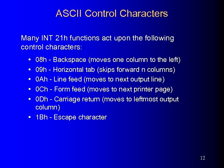 ASCII Control Characters Many INT 21 h functions act upon the following control characters: