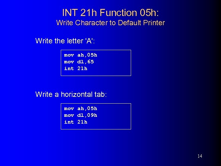 INT 21 h Function 05 h: Write Character to Default Printer Write the letter