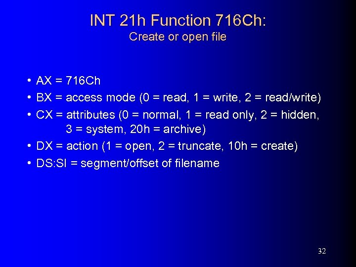 INT 21 h Function 716 Ch: Create or open file • AX = 716