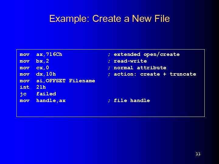 Example: Create a New File mov mov mov int jc mov ax, 716 Ch