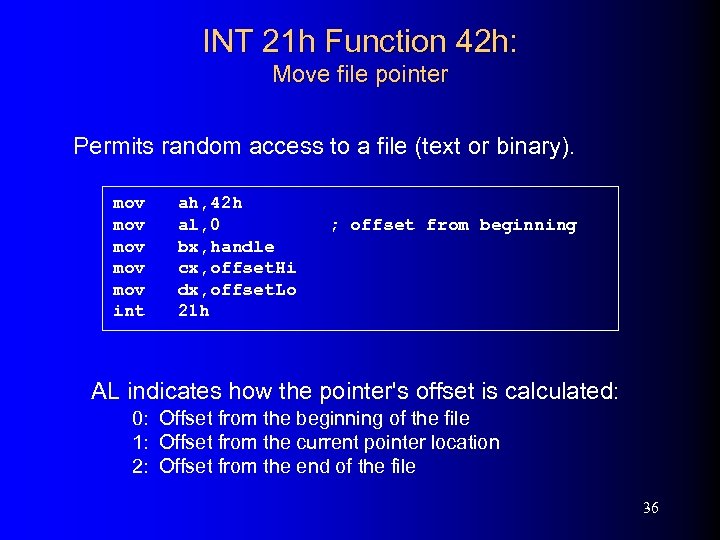 INT 21 h Function 42 h: Move file pointer Permits random access to a