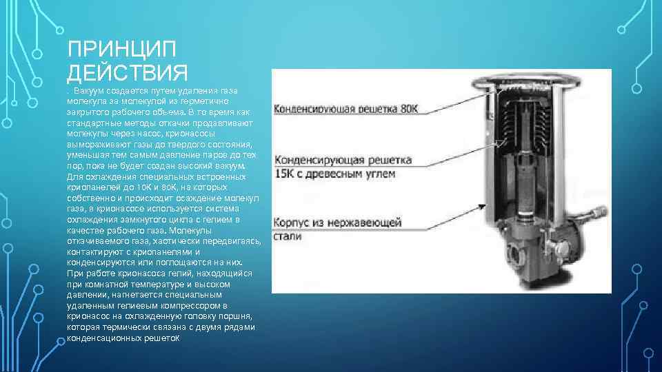 ПРИНЦИП ДЕЙСТВИЯ. Вакуум создается путем удаления газа молекула за молекулой из герметично закрытого рабочего