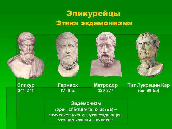 Эпикурейцы Этика эвдемонизма Эпикур Гермарх Метродор Тит Лукреций Кар 341 -271 IV-III в. 330