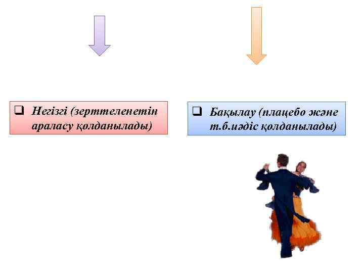 q Негізгі (зерттеленетін араласу қолданылады) q Бақылау (плацебо және т. б. иәдіс қолданылады) 