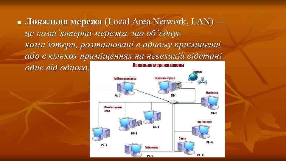 n Локальна мережа (Local Area Network, LAN) — це комп’ютерна мережа, що об’єднує комп’ютери,