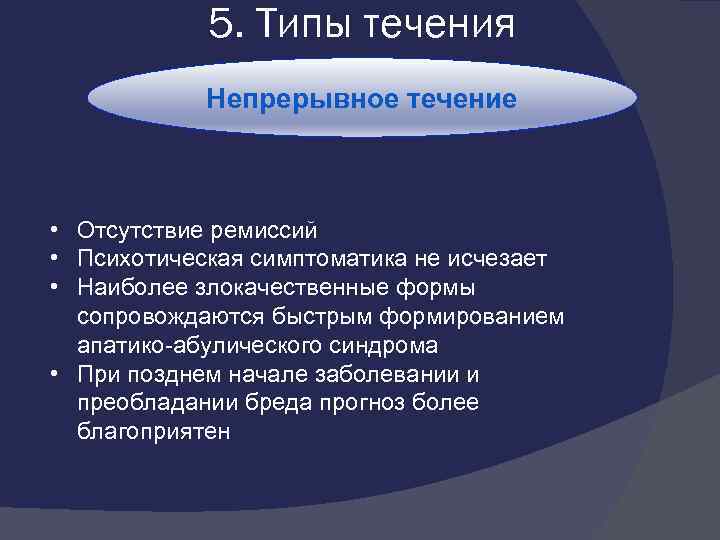 5. Типы течения Непрерывное течение • Отсутствие ремиссий • Психотическая симптоматика не исчезает •