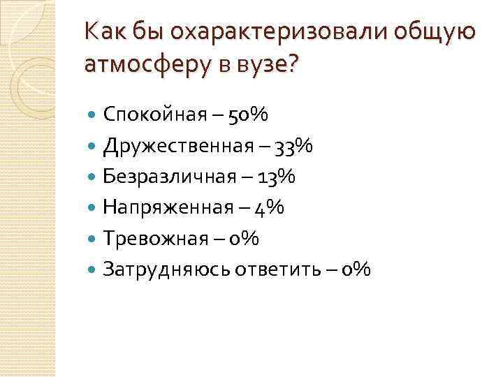 Как бы охарактеризовали общую атмосферу в вузе? Спокойная – 50% Дружественная – 33% Безразличная