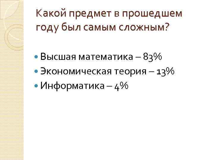 Какой предмет в прошедшем году был самым сложным? Высшая математика – 83% Экономическая теория