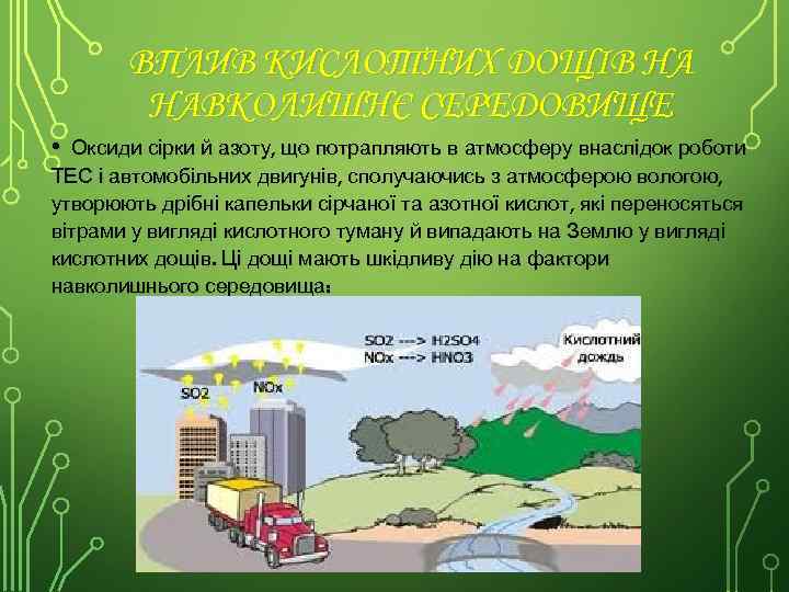 ВПЛИВ КИСЛОТНИХ ДОЩІВ НА НАВКОЛИШНЄ СЕРЕДОВИЩЕ • Оксиди сірки й азоту, що потрапляють в