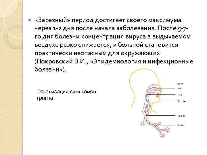  «Заразный» период достигает своего максимума через 1 -2 дня после начала заболевания. После