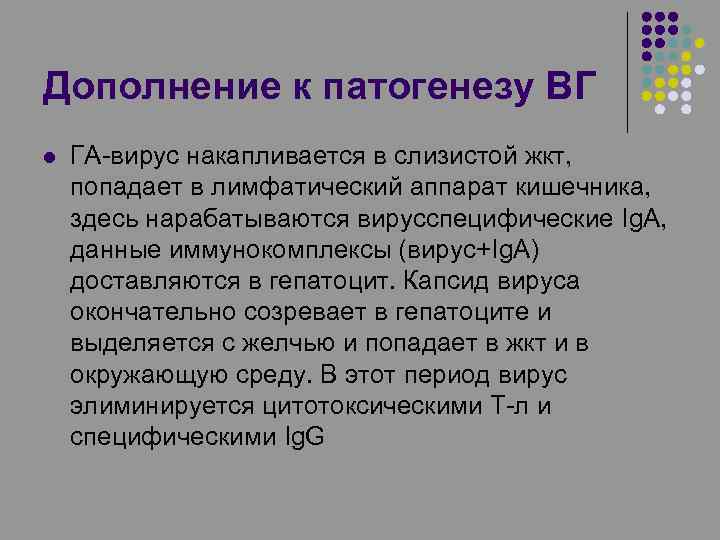 Дополнение к патогенезу ВГ l ГА-вирус накапливается в слизистой жкт, попадает в лимфатический аппарат
