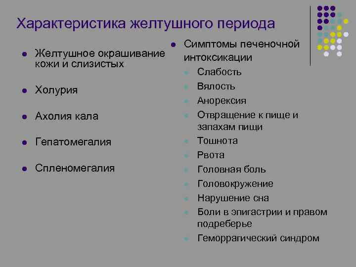 Характеристика желтушного периода l l Желтушное окрашивание кожи и слизистых Холурия l Симптомы печеночной