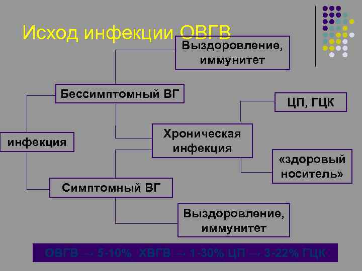 Исход инфекции ОВГВ Выздоровление, иммунитет Бессимптомный ВГ инфекция ЦП, ГЦК Хроническая инфекция «здоровый носитель»
