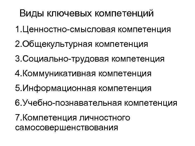 Виды ключевых компетенций 1. Ценностно-смысловая компетенция 2. Общекультурная компетенция 3. Социально-трудовая компетенция 4. Коммуникативная