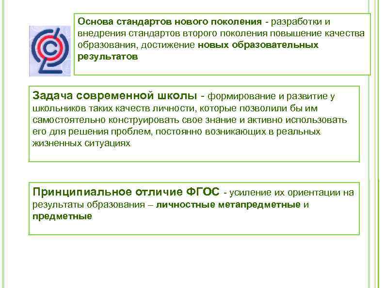 Основа стандартов нового поколения - разработки и внедрения стандартов второго поколения повышение качества образования,