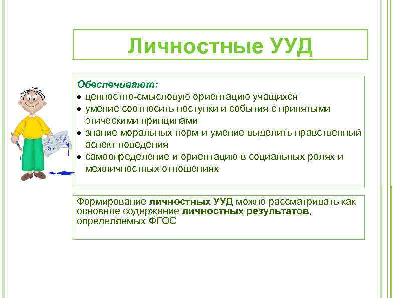 Личностные УУД Обеспечивают: ценностно-смысловую ориентацию учащихся умение соотносить поступки и события с принятыми этическими