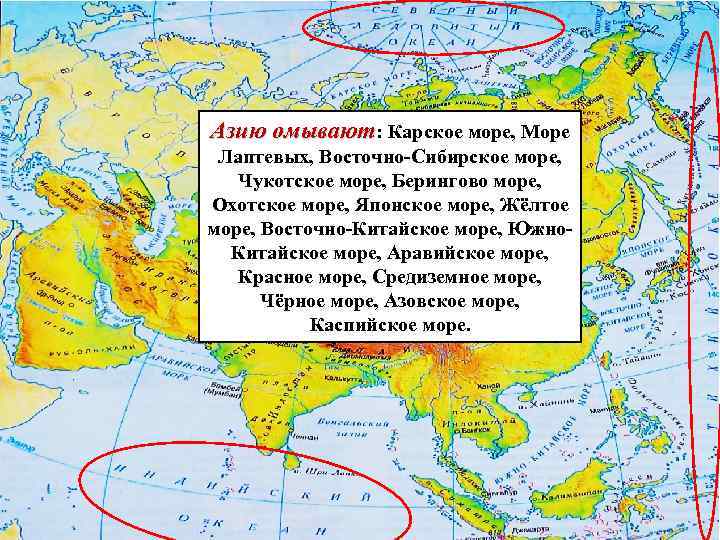 Азию омывают: Карское море, Море Лаптевых, Восточно-Сибирское море, Чукотское море, Берингово море, Охотское море,