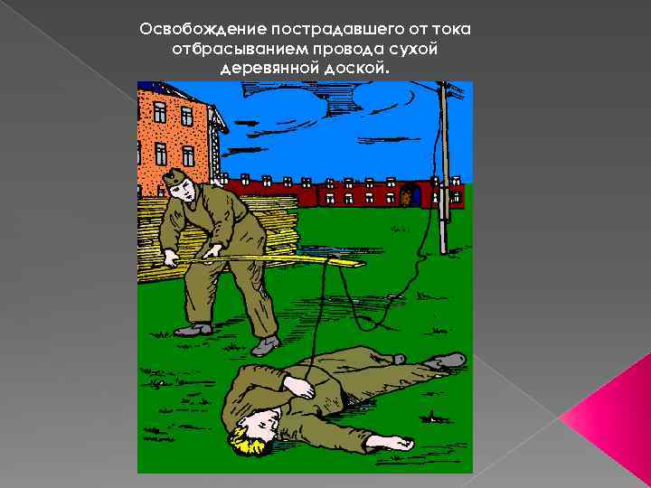 Освобождение пострадавшего от тока отбрасыванием провода сухой деревянной доской. 
