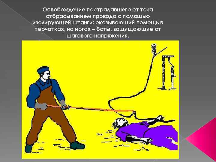 Освобождение пострадавшего от тока отбрасыванием провода с помощью изолирующей штанги: оказывающий помощь в перчатках,