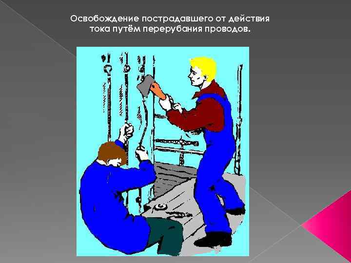 Освобождение пострадавшего от действия тока путём перерубания проводов. 