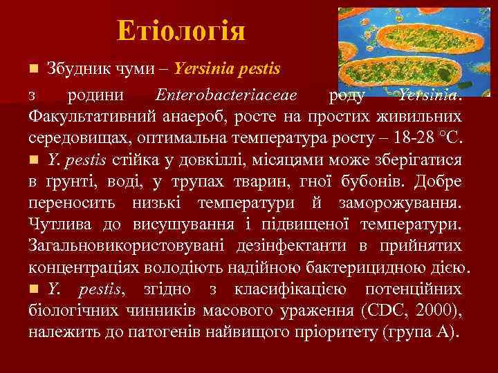 Етіологія Збудник чуми – Yersinia реstis з родини Enterobacteriaceae роду Yersinia. Факультативний анаероб, росте