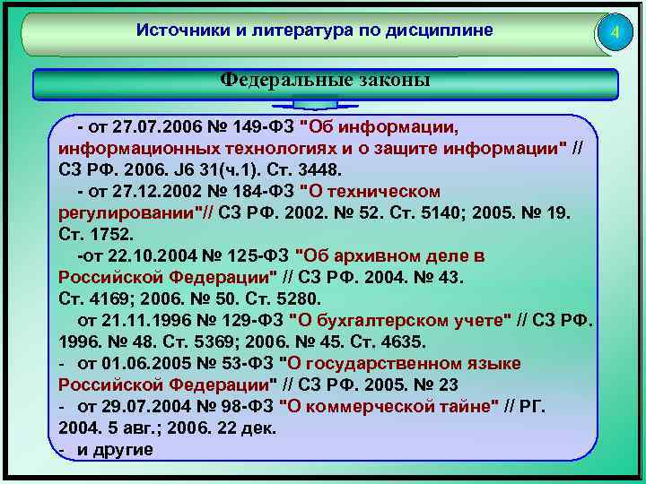 Источники и литература по дисциплине Федеральные законы - от 27. 07. 2006 № 149